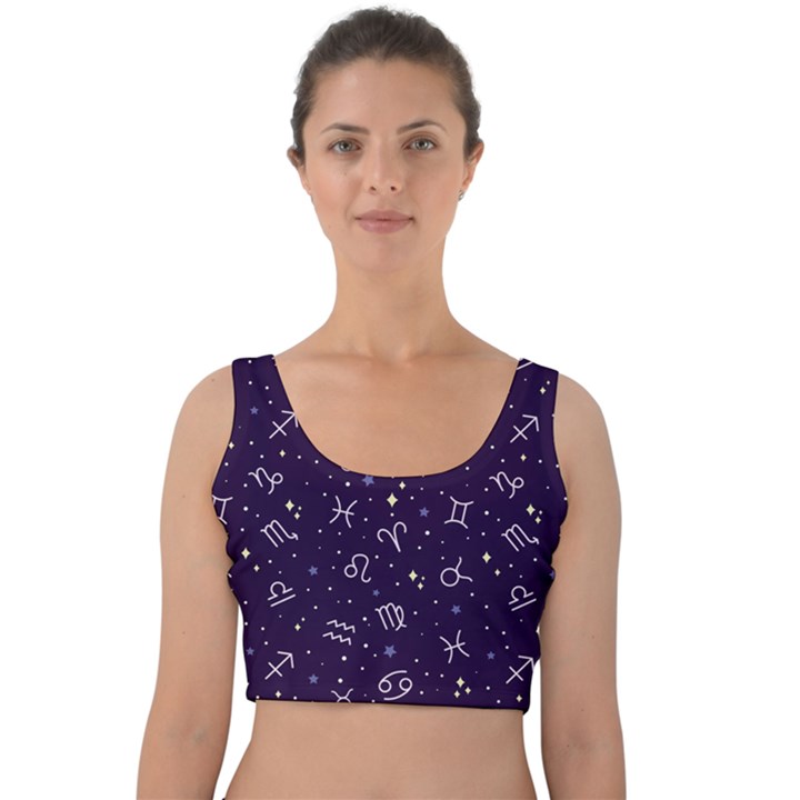 Vector Seamless Dark Zodiac Sign Star Symbol Pattern Velvet Crop Top