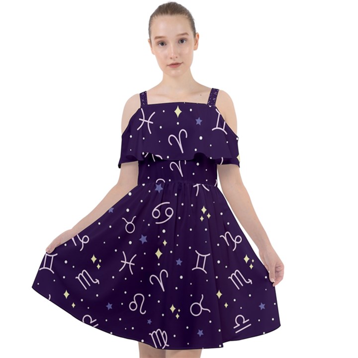 Vector Seamless Dark Zodiac Sign Star Symbol Pattern Cut Out Shoulders Chiffon Dress