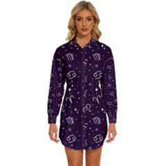 Vector Seamless Dark Zodiac Sign Star Symbol Pattern Womens Long Sleeve Shirt Dress