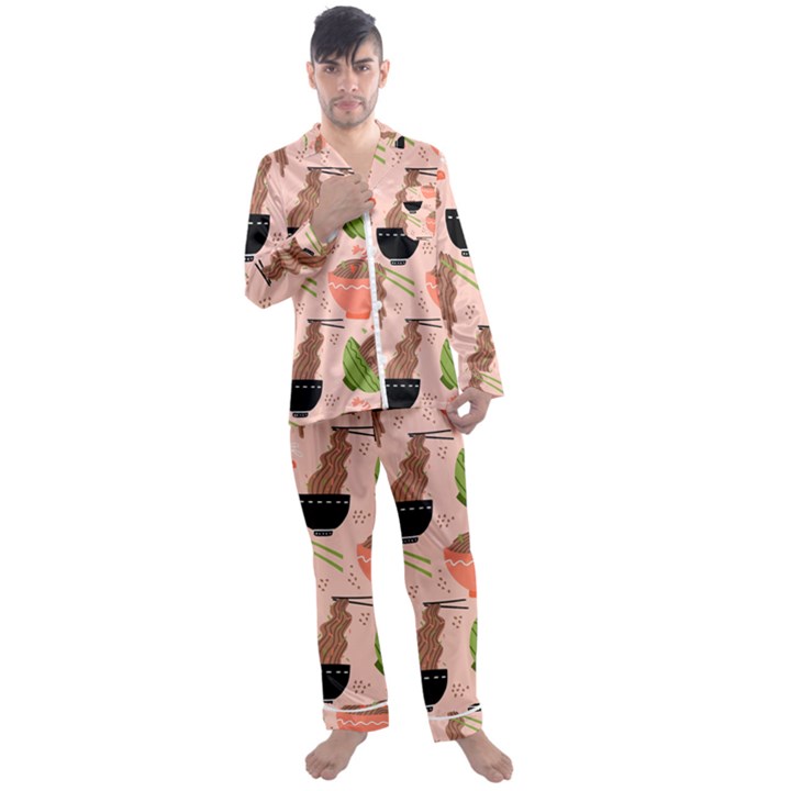 Japanese Street Food Soba Noodle In Bowl Pattern Men s Long Sleeve Satin Pajamas Set