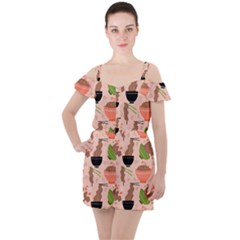 Japanese Street Food Soba Noodle In Bowl Pattern Ruffle Cut Out Chiffon Playsuit by Bedest