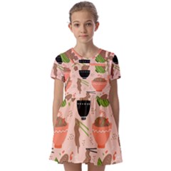 Japanese Street Food Soba Noodle In Bowl Pattern Kids  Short Sleeve Pinafore Style Dress by Bedest