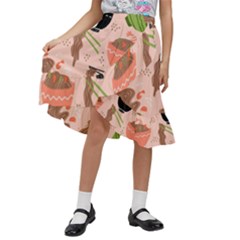 Japanese Street Food Soba Noodle In Bowl Pattern Kids  Ruffle Flared Wrap Midi Skirt