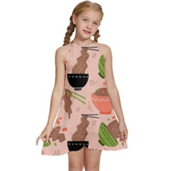 Japanese Street Food Soba Noodle In Bowl Pattern Kids  Halter Collar Waist Tie Chiffon Dress by Bedest