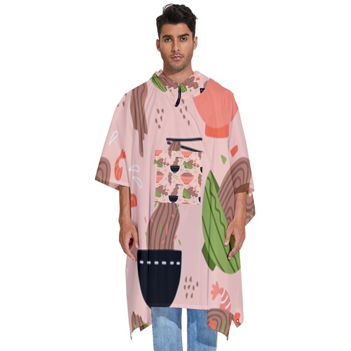 Japanese Street Food Soba Noodle In Bowl Pattern Men s Hooded Rain Ponchos