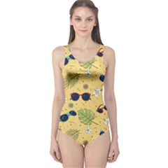 Seamless Pattern Of Sunglasses Tropical Leaves And Flower One Piece Swimsuit