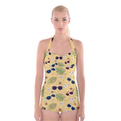 Seamless Pattern Of Sunglasses Tropical Leaves And Flower Boyleg Halter Swimsuit  by Bedest