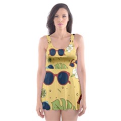 Seamless Pattern Of Sunglasses Tropical Leaves And Flower Skater Dress Swimsuit