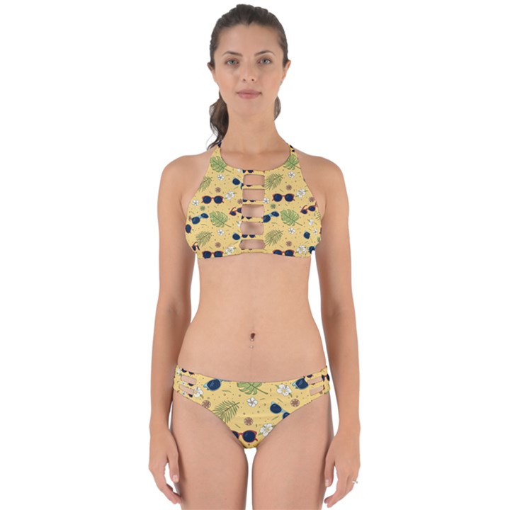 Seamless Pattern Of Sunglasses Tropical Leaves And Flower Perfectly Cut Out Bikini Set