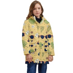 Seamless Pattern Of Sunglasses Tropical Leaves And Flower Kids  Hooded Longline Puffer Jacket