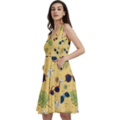 Seamless Pattern Of Sunglasses Tropical Leaves And Flower Sleeveless V-neck Skater Dress With Pockets