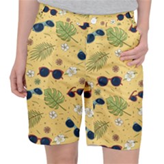 Seamless Pattern Of Sunglasses Tropical Leaves And Flower Women s Pocket Shorts by Bedest