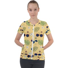 Seamless Pattern Of Sunglasses Tropical Leaves And Flower Short Sleeve Zip Up Jacket