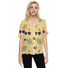 Seamless Pattern Of Sunglasses Tropical Leaves And Flower Bow Sleeve Button Up Top