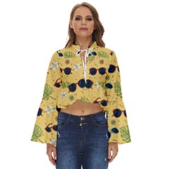 Seamless Pattern Of Sunglasses Tropical Leaves And Flower Boho Long Bell Sleeve Top by Bedest