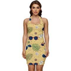 Seamless Pattern Of Sunglasses Tropical Leaves And Flower Sleeveless Wide Square Neckline Ruched Bodycon Dress