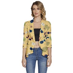 Seamless Pattern Of Sunglasses Tropical Leaves And Flower Women s 3/4 Sleeve Ruffle Edge Open Front Jacket