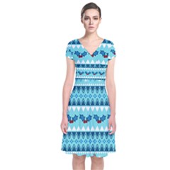 Blue Christmas Vintage Ethnic Seamless Pattern Short Sleeve Front Wrap Dress by Bedest