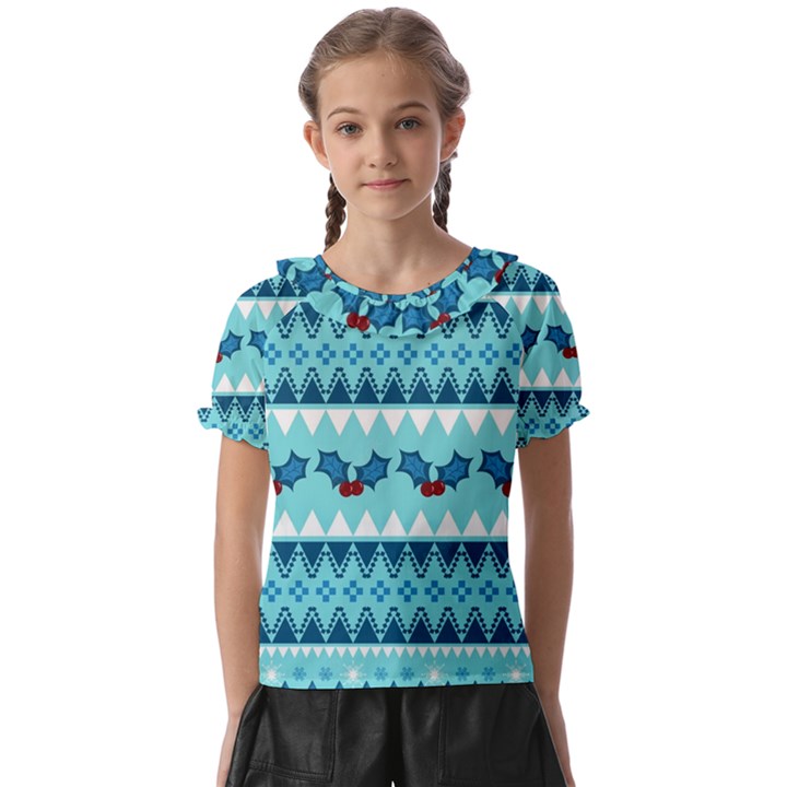 Blue Christmas Vintage Ethnic Seamless Pattern Kids  Frill Chiffon Blouse