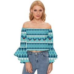 Blue Christmas Vintage Ethnic Seamless Pattern Off Shoulder Flutter Bell Sleeve Top by Bedest