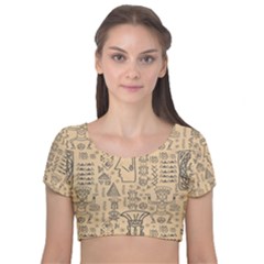 Aztec Tribal African Egyptian Style Seamless Pattern Vector Antique Ethnic Velvet Short Sleeve Crop Top 