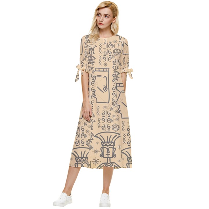 Aztec Tribal African Egyptian Style Seamless Pattern Vector Antique Ethnic Bow Sleeve Chiffon Midi Dress