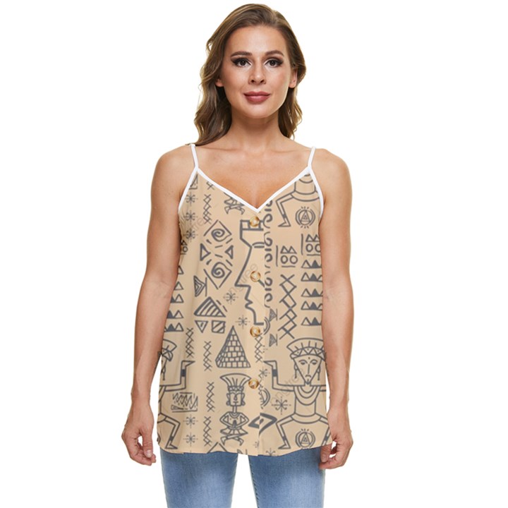 Aztec Tribal African Egyptian Style Seamless Pattern Vector Antique Ethnic Casual Spaghetti Strap Chiffon Top