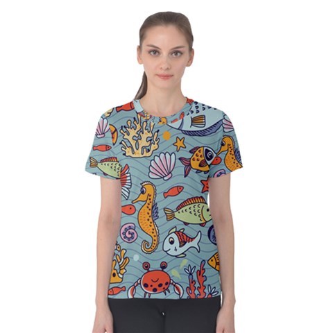 Cartoon Underwater Seamless Pattern With Crab Fish Seahorse Coral Marine Elements Women s Cotton T-shirt by Bedest