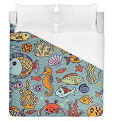 Cartoon Underwater Seamless Pattern With Crab Fish Seahorse Coral Marine Elements Duvet Cover (queen Size) by Bedest