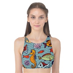 Cartoon Underwater Seamless Pattern With Crab Fish Seahorse Coral Marine Elements Tank Bikini Top by Bedest