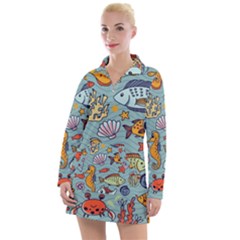 Cartoon Underwater Seamless Pattern With Crab Fish Seahorse Coral Marine Elements Women s Long Sleeve Casual Dress by Bedest