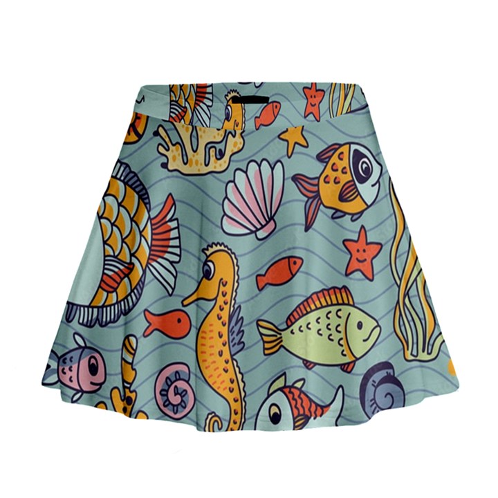 Cartoon Underwater Seamless Pattern With Crab Fish Seahorse Coral Marine Elements Mini Flare Skirt