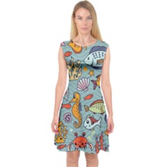 Cartoon Underwater Seamless Pattern With Crab Fish Seahorse Coral Marine Elements Capsleeve Midi Dress by Bedest