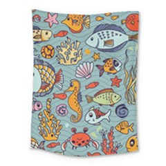 Cartoon Underwater Seamless Pattern With Crab Fish Seahorse Coral Marine Elements Medium Tapestry by Bedest