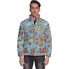 Cartoon Underwater Seamless Pattern With Crab Fish Seahorse Coral Marine Elements Men s Puffer Bubble Jacket Coat by Bedest