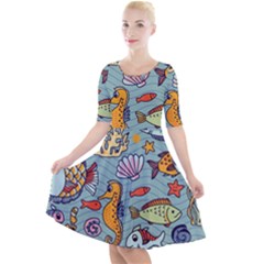 Cartoon Underwater Seamless Pattern With Crab Fish Seahorse Coral Marine Elements Quarter Sleeve A-line Dress by Bedest