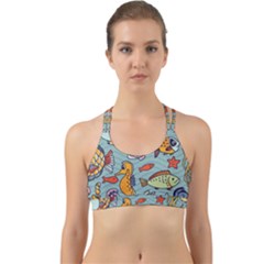 Cartoon Underwater Seamless Pattern With Crab Fish Seahorse Coral Marine Elements Back Web Sports Bra by Bedest