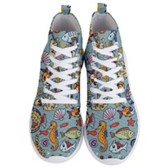 Cartoon Underwater Seamless Pattern With Crab Fish Seahorse Coral Marine Elements Men s Lightweight High Top Sneakers