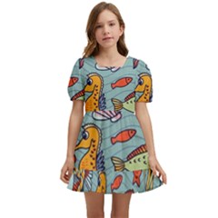 Cartoon Underwater Seamless Pattern With Crab Fish Seahorse Coral Marine Elements Kids  Short Sleeve Dolly Dress by Bedest