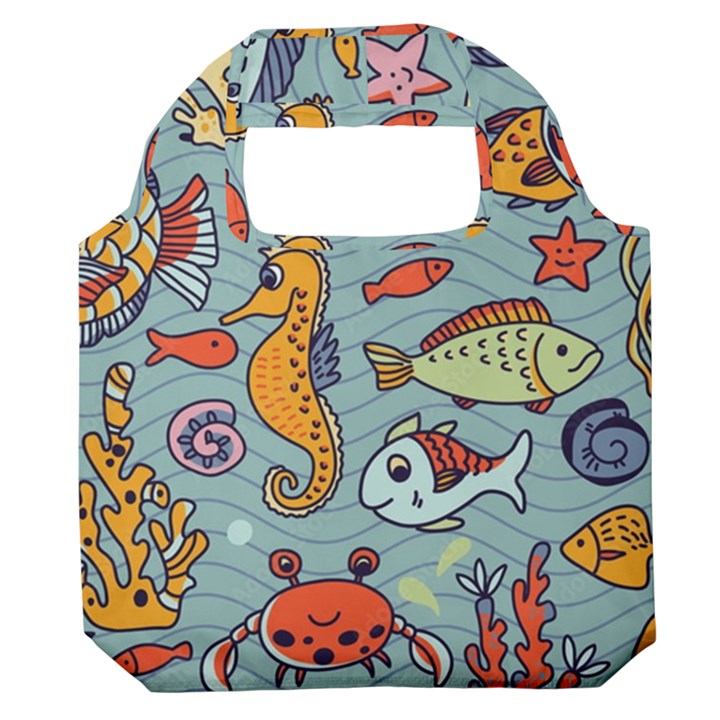 Cartoon Underwater Seamless Pattern With Crab Fish Seahorse Coral Marine Elements Premium Foldable Grocery Recycle Bag