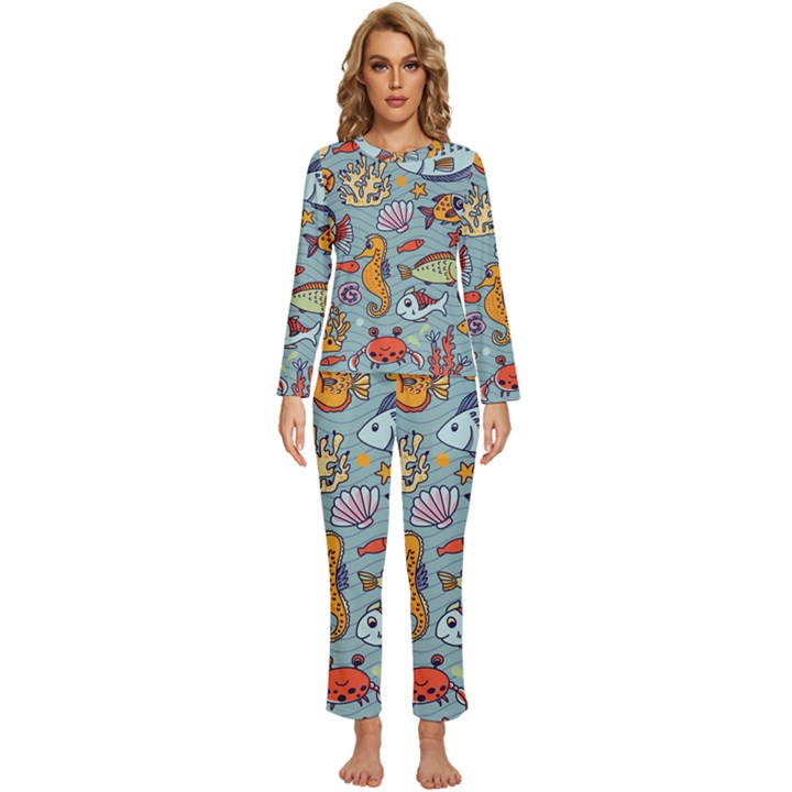 Cartoon Underwater Seamless Pattern With Crab Fish Seahorse Coral Marine Elements Womens  Long Sleeve Lightweight Pajamas Set