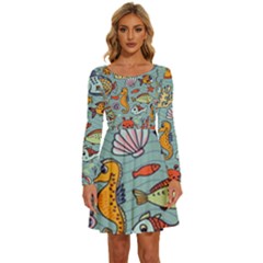 Cartoon Underwater Seamless Pattern With Crab Fish Seahorse Coral Marine Elements Long Sleeve Wide Neck Velvet Dress by Bedest