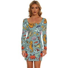 Cartoon Underwater Seamless Pattern With Crab Fish Seahorse Coral Marine Elements Long Sleeve Square Neck Bodycon Velvet Dress by Bedest