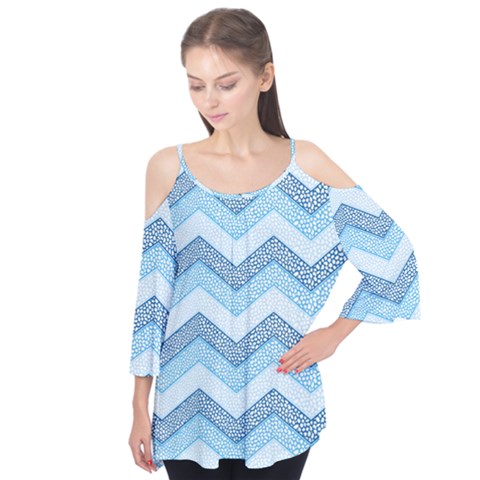 Seamless Pattern Of Cute Summer Blue Line Zigzag Flutter Sleeve T-shirt  by Bedest