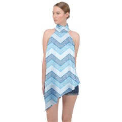 Seamless Pattern Of Cute Summer Blue Line Zigzag Halter Asymmetric Satin Top by Bedest