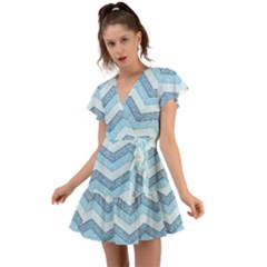 Seamless Pattern Of Cute Summer Blue Line Zigzag Flutter Sleeve Wrap Dress by Bedest