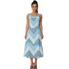 Seamless Pattern Of Cute Summer Blue Line Zigzag Square Neckline Tiered Midi Dress by Bedest