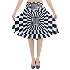 Optical-illusion-chessboard-tunnel Flared Midi Skirt by Bedest