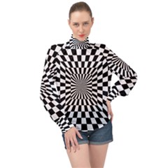 Optical-illusion-chessboard-tunnel High Neck Long Sleeve Chiffon Top by Bedest