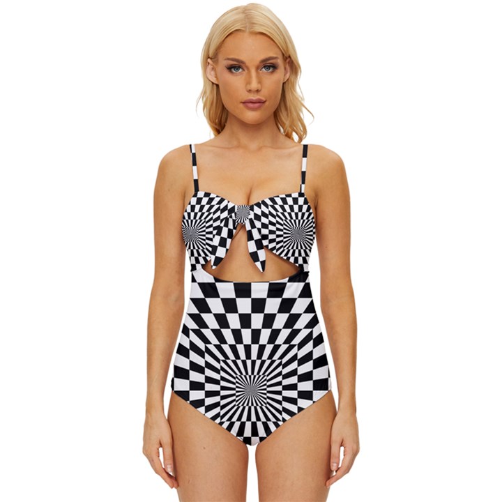 Optical-illusion-chessboard-tunnel Knot Front One-Piece Swimsuit